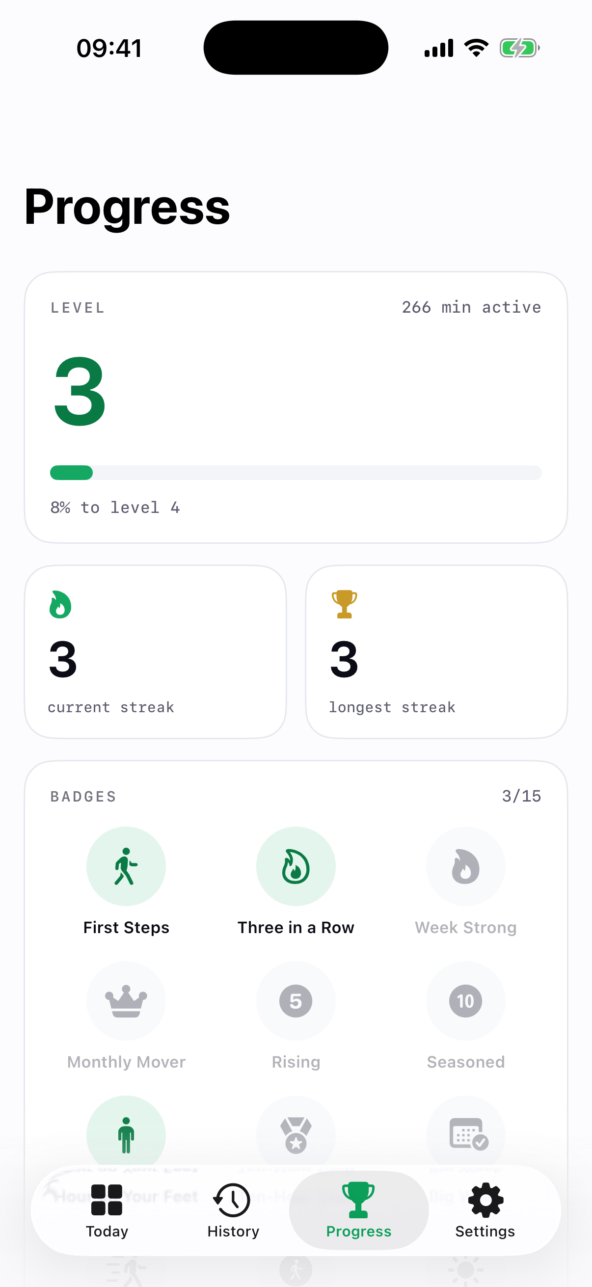 Progress screen with level, streaks and badges