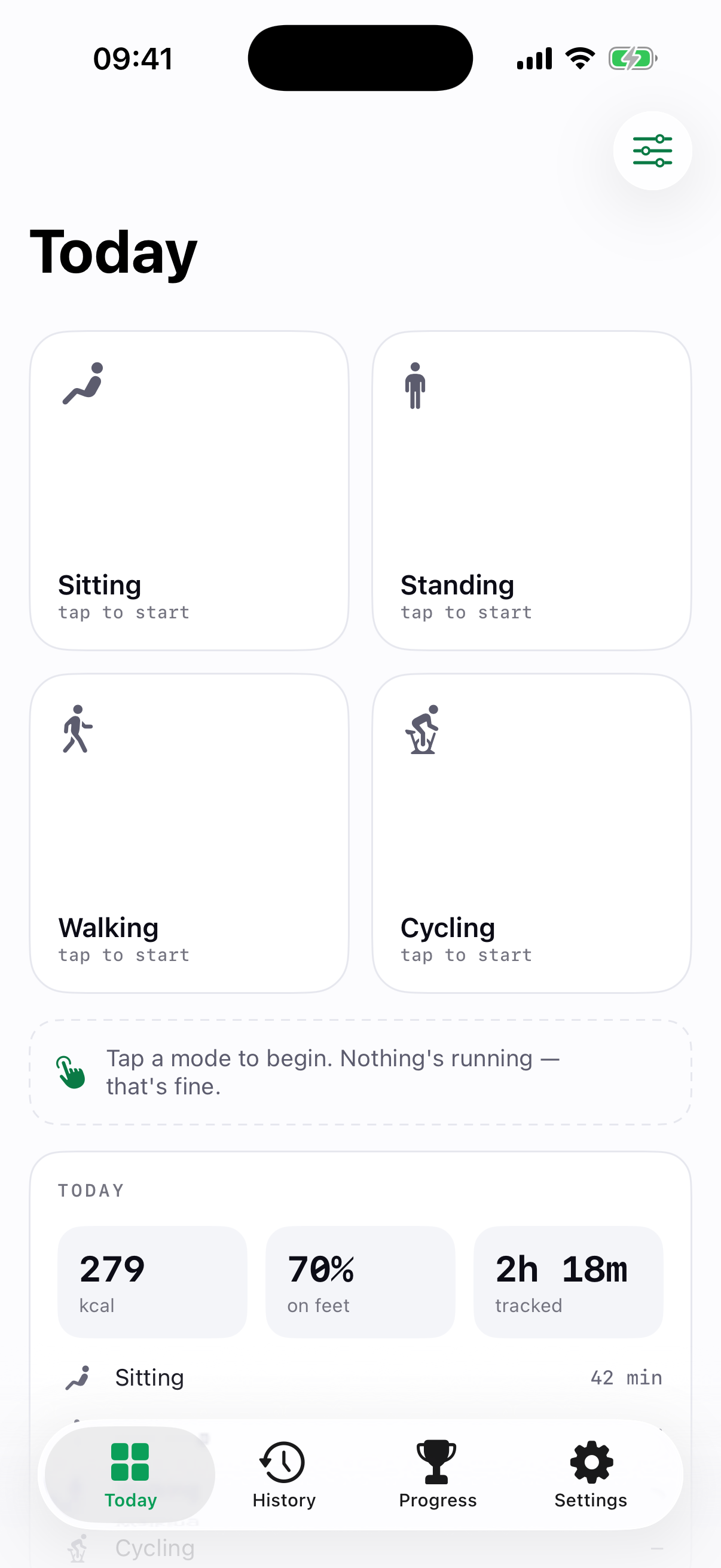 Today screen with four activity tiles