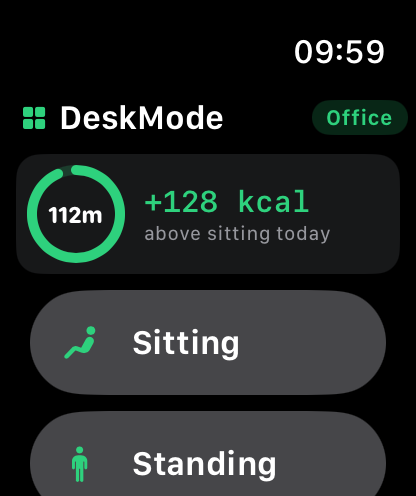 DeskMode Apple Watch home: Office profile chip, today's on-feet ring at 112 minutes, plus 128 kcal above sitting, and a mode picker